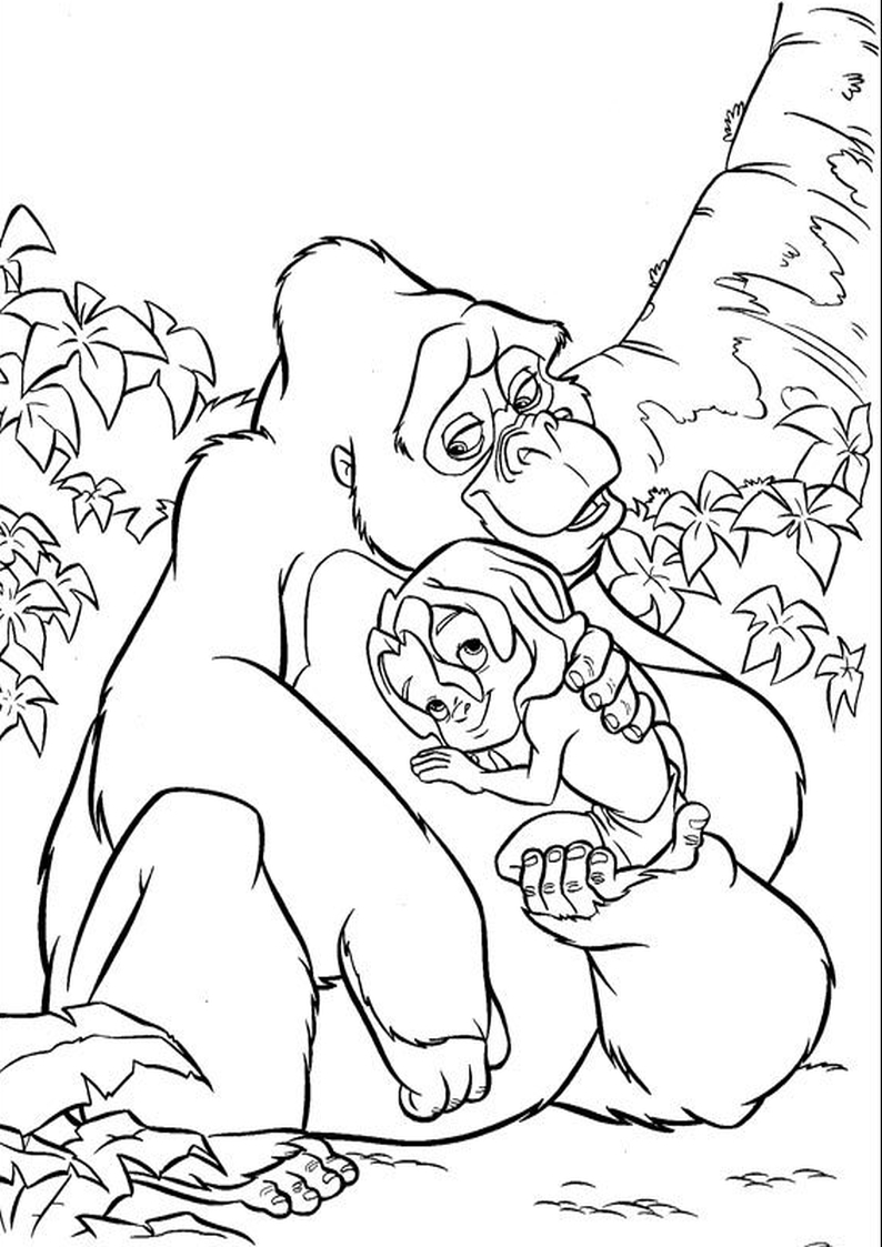 dla dzieci kolorowanka Tarzan Disney, obrazek do wydruku z małym Tarzanem wtulonym w pierś opiekuńczej gorylicy Kali, malowanka do pokolorowania numer 36